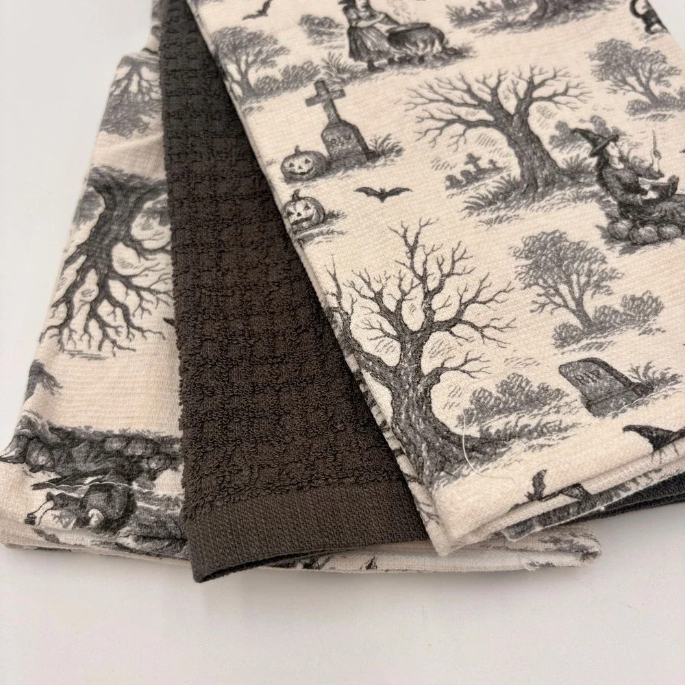 Spooky Home Halloween Kitchen Towels Set of 3 Witches Graveyard Toile Cotton